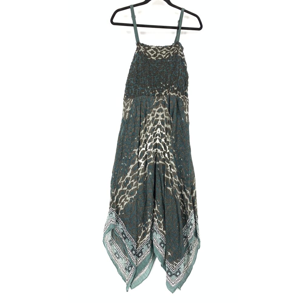 Soft Surroundings Dress Womens Medium Green Animal Print Smocked Spaghetti Strap